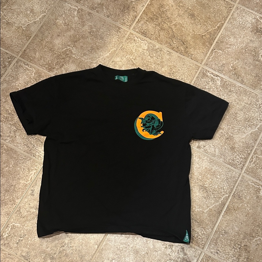 Black T-Shirt with Green and Orange Logo